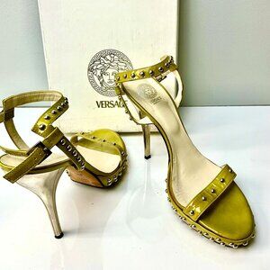VERSACE Olive Patent Leather Studded Ankle Strap Sandals Stiletto Heel IT 38.5